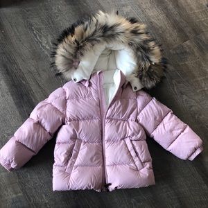 MONCLER girls down jacket w. hood & fur 2T 2 years toddler pink purple LIKE NEW